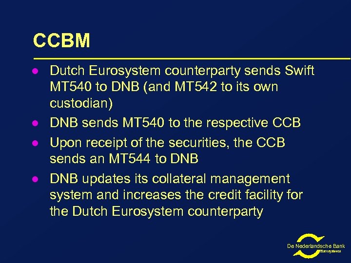 CCBM l l Dutch Eurosystem counterparty sends Swift MT 540 to DNB (and MT