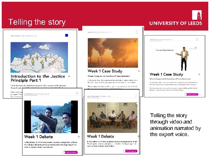 Telling the story through video and animation narrated by the expert voice. 