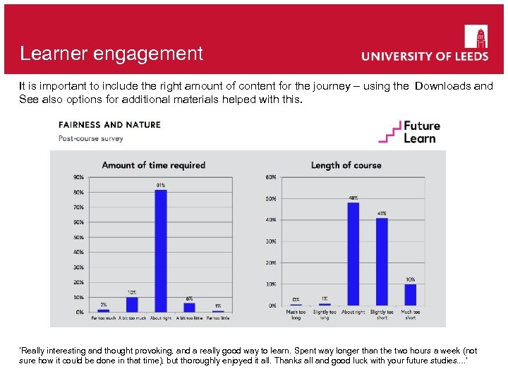 Learner engagement It is important to include the right amount of content for the