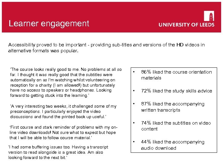 Learner engagement Accessibility proved to be important - providing sub-titles and versions of the