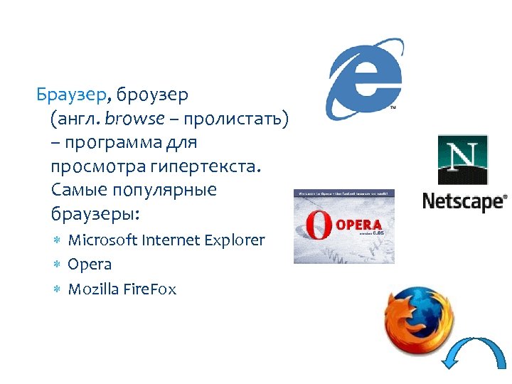Браузер, броузер (англ. browse – пролистать) – программа для просмотра гипертекста. Самые популярные браузеры: