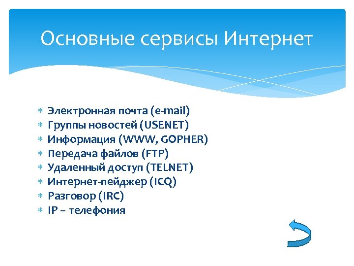 Основные сервисы Интернет Электронная почта (e-mail) Группы новостей (USENET) Информация (WWW, GOPHER) Передача файлов