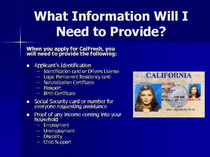 What Information Will I Need to Provide? When you apply for Cal. Fresh, you