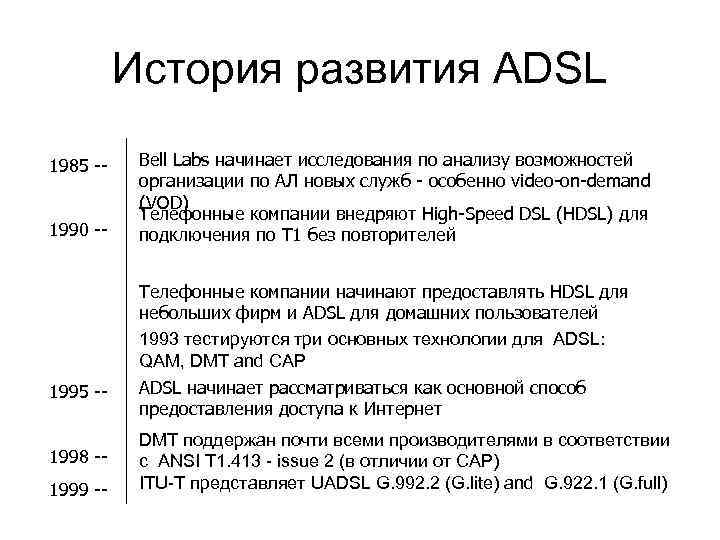 История развития ADSL 1985 -1990 -- 1995 -1998 -1999 -- Bell Labs начинает исследования