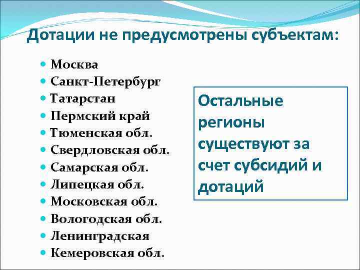 Дотации не предусмотрены субъектам: Москва Санкт-Петербург Татарстан Пермский край Тюменская обл. Свердловская обл. Самарская
