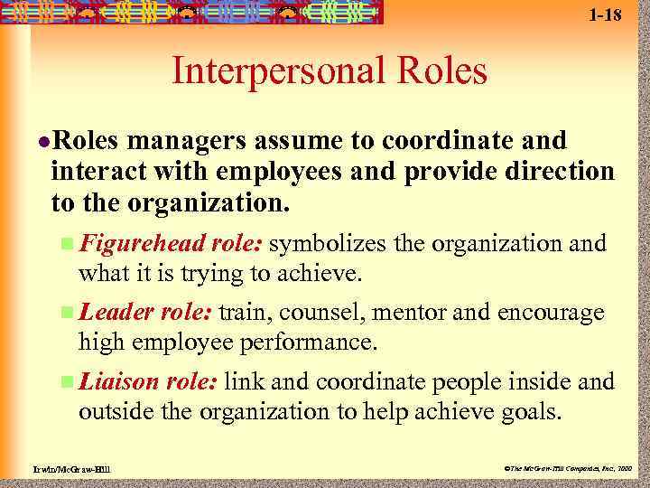 1 -18 Interpersonal Roles l. Roles managers assume to coordinate and interact with employees