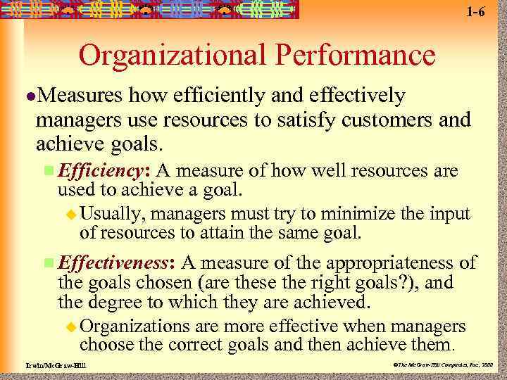 1 -6 Organizational Performance l. Measures how efficiently and effectively managers use resources to