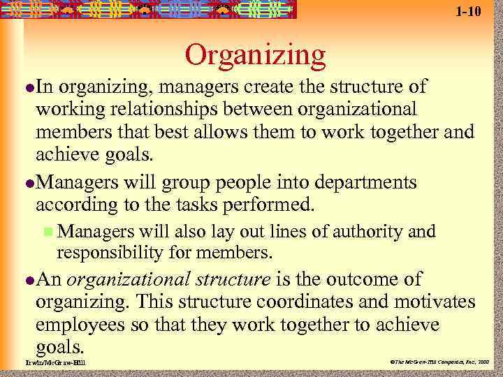 1 -10 Organizing l. In organizing, managers create the structure of working relationships between