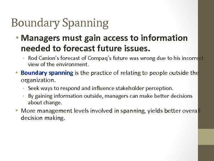 Boundary Spanning • Managers must gain access to information needed to forecast future issues.
