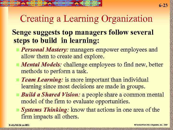 6 -23 Creating a Learning Organization Senge suggests top managers follow several steps to