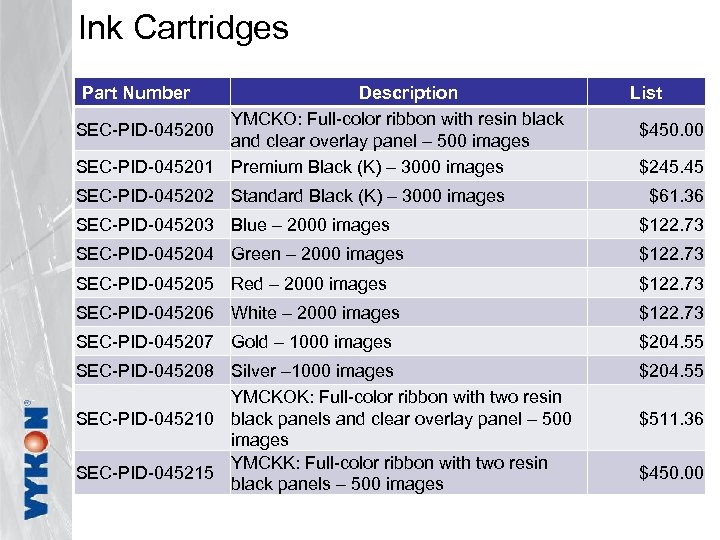 Ink Cartridges Part Number Description YMCKO: Full-color ribbon with resin black SEC-PID-045200 and clear
