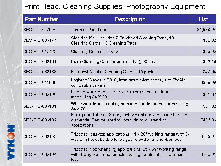 Print Head, Cleaning Supplies, Photography Equipment Part Number Description List SEC-PID-047500 Thermal Print head