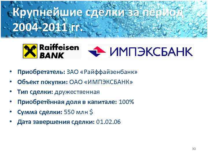 Крупнейшие сделки за период 2004 -2011 гг. • • • Приобретатель: ЗАО «Райффайзенбанк» Объект