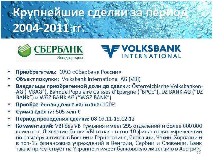Крупнейшие сделки за период 2004 -2011 гг. • Приобретатель: ОАО «Сбербанк России» • Объект