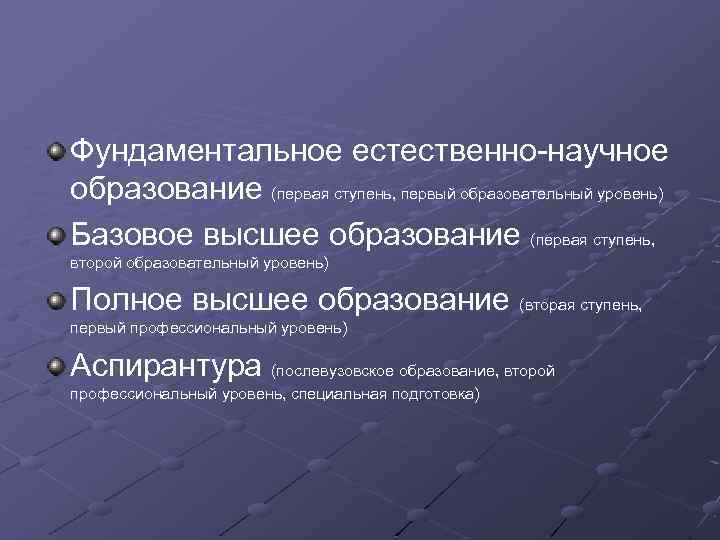 Фундаментальное естественно-научное образование (первая ступень, первый образовательный уровень) Базовое высшее образование (первая ступень, второй