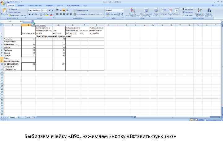 Выбираем ячейку «B 9» , нажимаем кнопку «Вставить функцию» 
