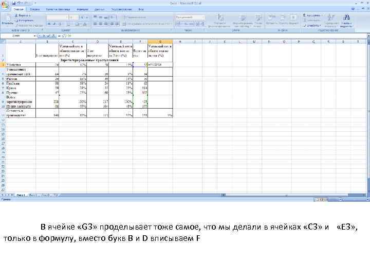 В ячейке «G 3» проделывает тоже самое, что мы делали в ячейках «С 3»