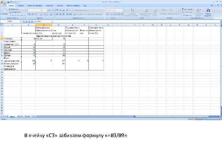 В ячейку «С 3» забиваем формулу «=B 3/B 9» 