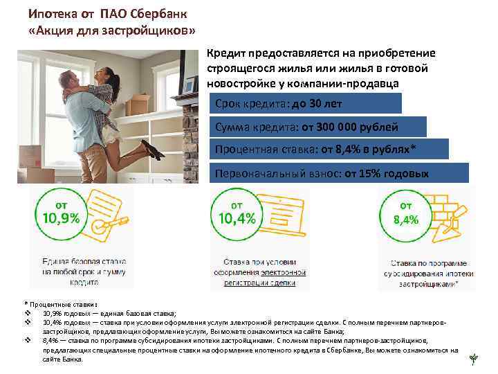 Ипотека от ПАО Сбербанк «Акция для застройщиков» Кредит предоставляется на приобретение строящегося жилья или