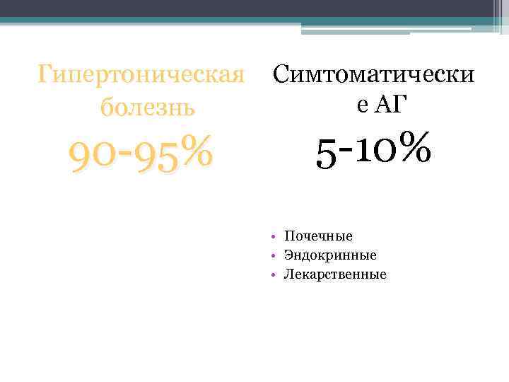 Гипертоническая болезнь Симтоматически е АГ 90 -95% 5 -10% • Почечные • Эндокринные •