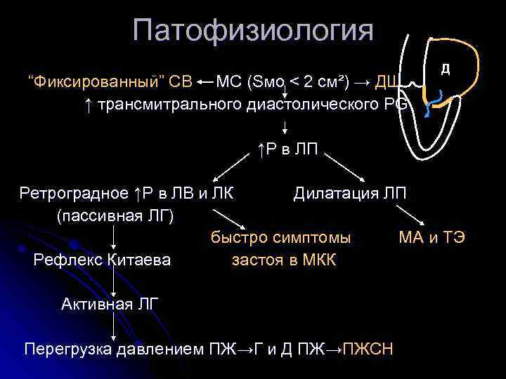 Патофизиология “Фиксированный” СВ МС (Sмо < 2 см²) → ДШ ↑ трансмитрального диастолического PG
