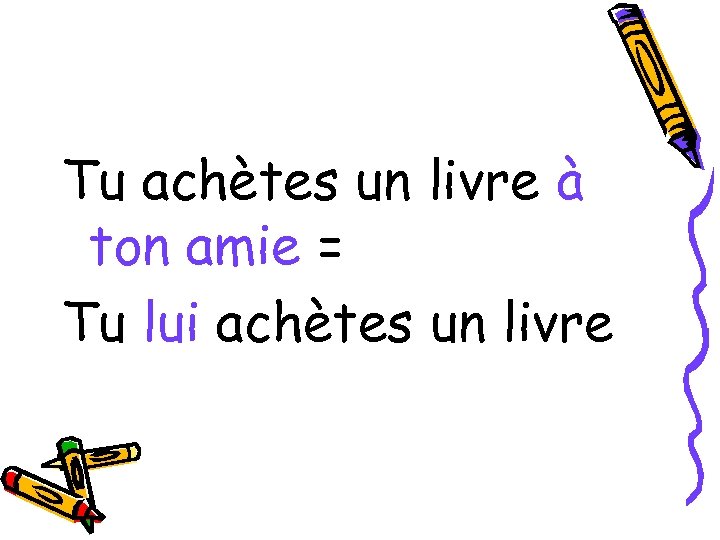 Tu achètes un livre à ton amie = Tu lui achètes un livre 