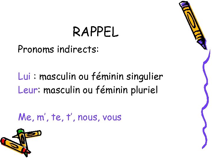 RAPPEL Pronoms indirects: Lui : masculin ou féminin singulier Leur: masculin ou féminin pluriel