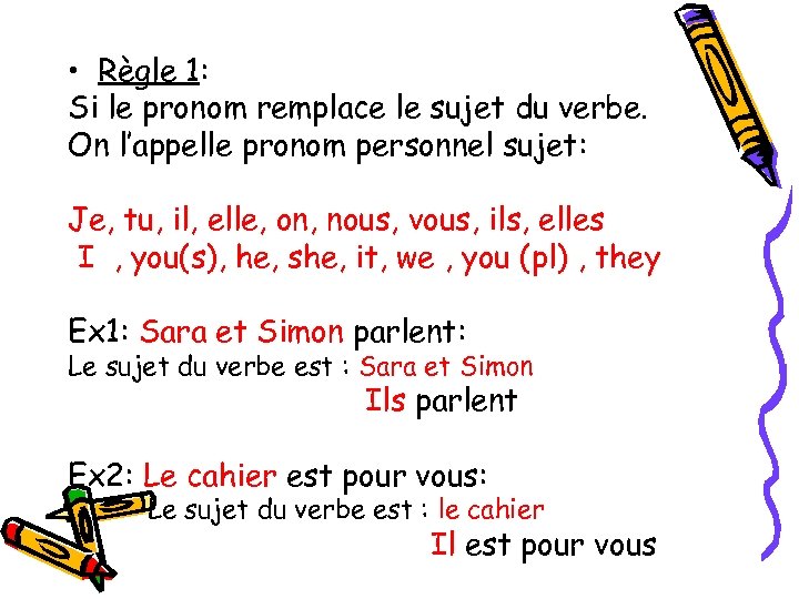  • Règle 1: Si le pronom remplace le sujet du verbe. On l’appelle