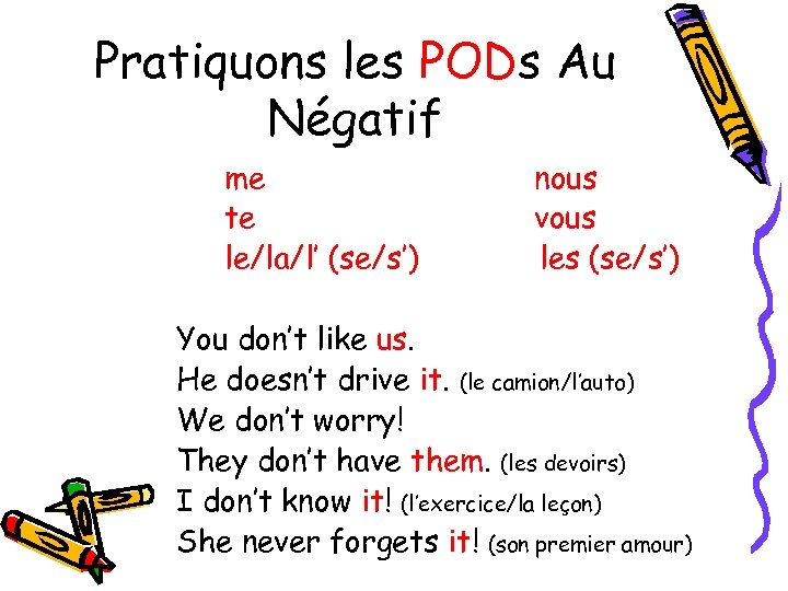 Pratiquons les PODs Au Négatif me te le/la/l’ (se/s’) nous vous les (se/s’) You