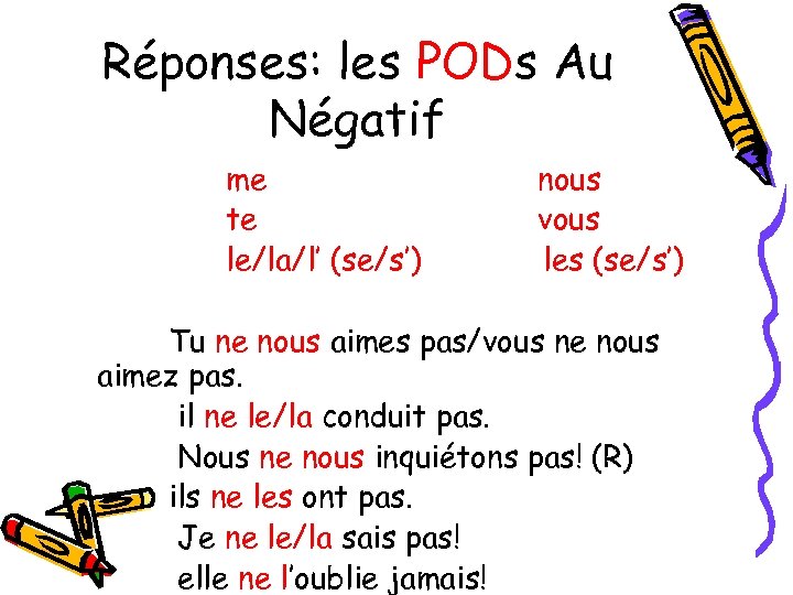 Réponses: les PODs Au Négatif me te le/la/l’ (se/s’) nous vous les (se/s’) Tu
