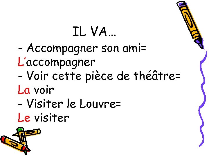 IL VA… - Accompagner son ami= L’accompagner - Voir cette pièce de théâtre= La