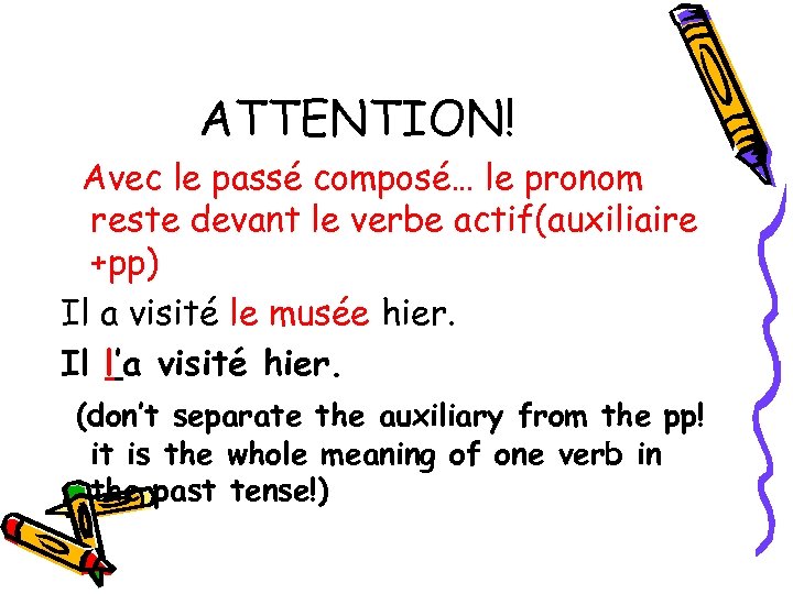 ATTENTION! Avec le passé composé… le pronom reste devant le verbe actif(auxiliaire +pp) Il