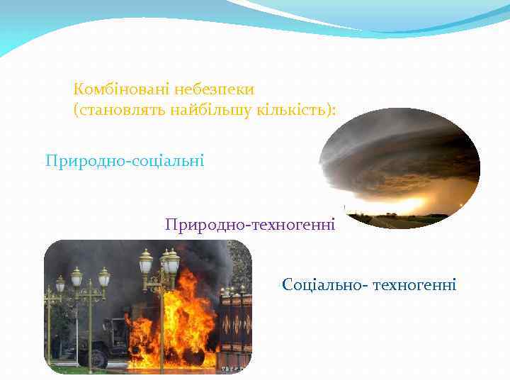 Комбіновані небезпеки (становлять найбільшу кількість): -Природно-соціальні -Природно-техногенні -Соціально- техногенні 