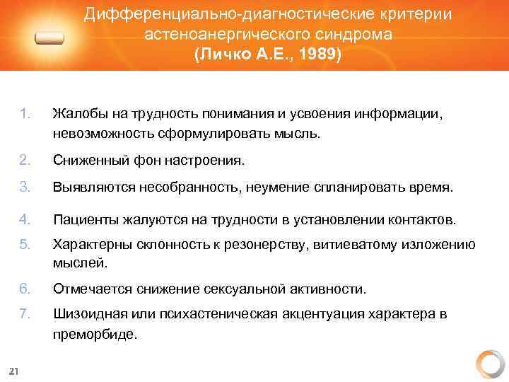 Дифференциально-диагностические критерии астеноанергического синдрома (Личко А. Е. , 1989) 1. Жалобы на трудность понимания