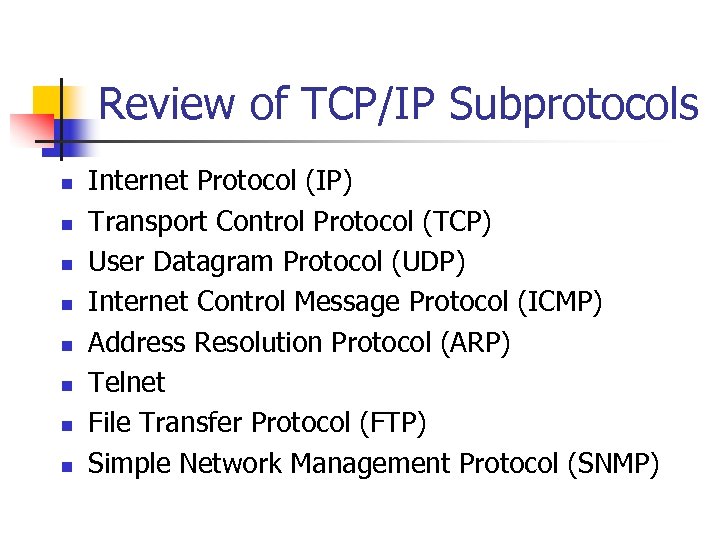 Review of TCP/IP Subprotocols n n n n Internet Protocol (IP) Transport Control Protocol