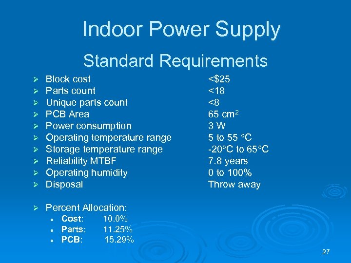 Indoor Power Supply Standard Requirements Ø Ø Ø Ø Ø Block cost Parts count