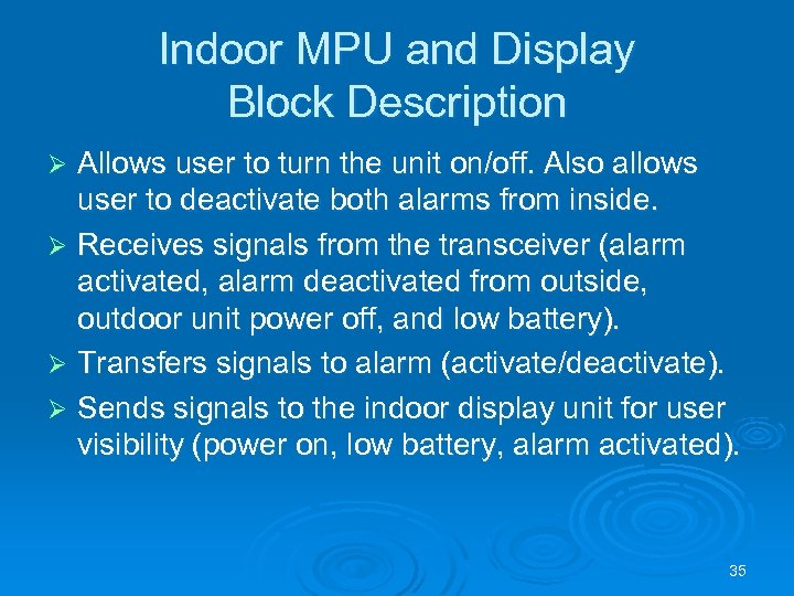 Indoor MPU and Display Block Description Allows user to turn the unit on/off. Also