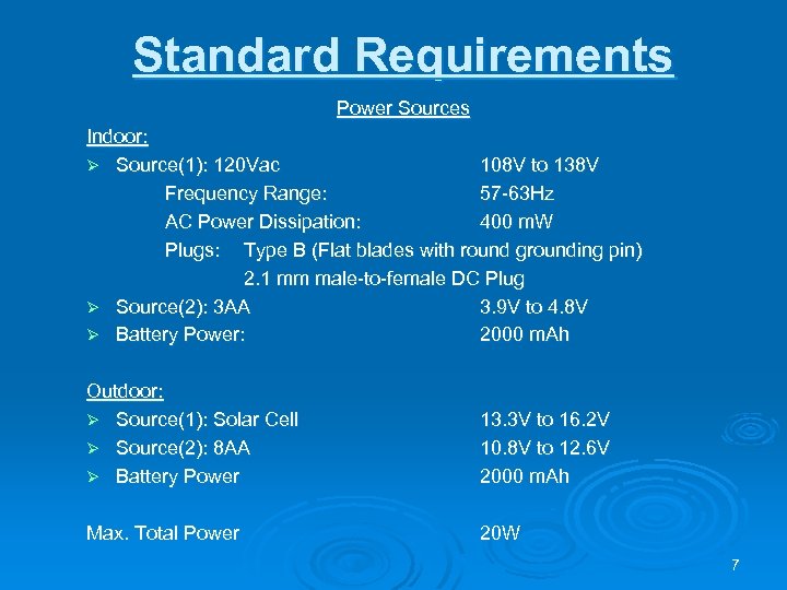 Standard Requirements Power Sources Indoor: Ø Source(1): 120 Vac 108 V to 138 V