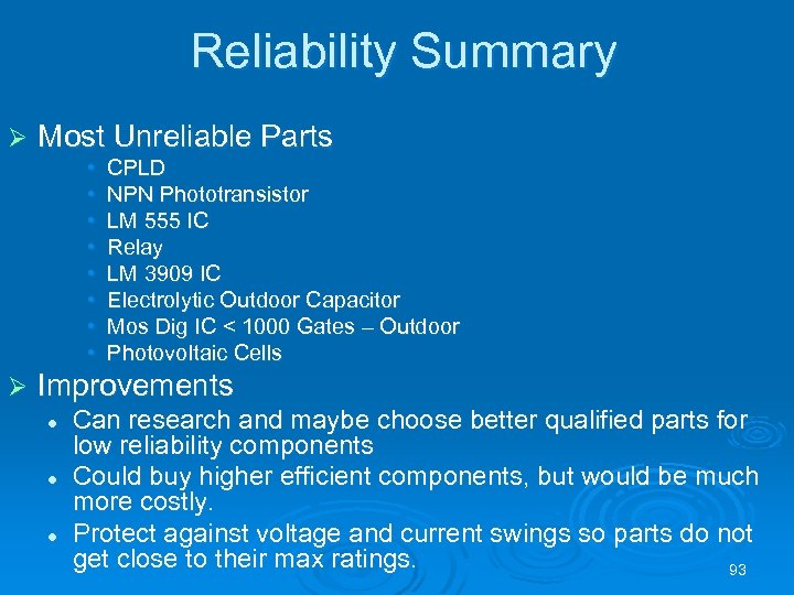 Reliability Summary Ø Most Unreliable Parts • • Ø CPLD NPN Phototransistor LM 555