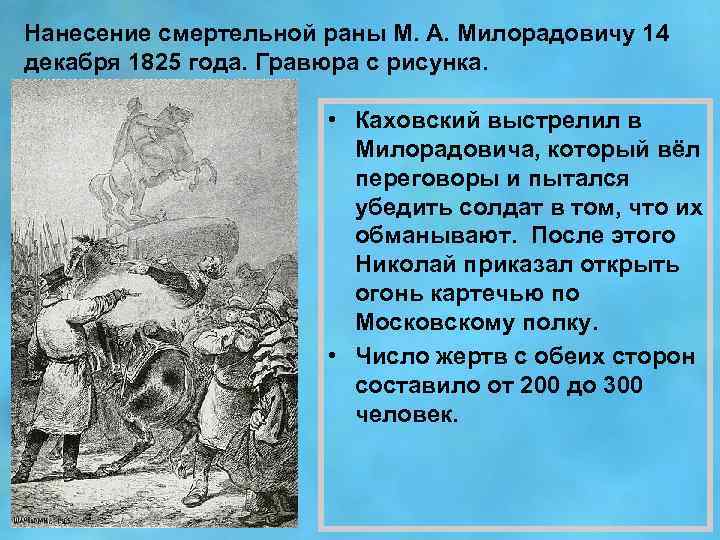 Нанесение смертельной раны М. А. Милорадовичу 14 декабря 1825 года. Гравюра с рисунка. •