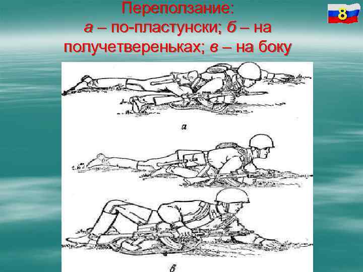 По пластунски. Переползание на получетвереньках. Переползание по пластунски на получетвереньках на боку. Переползание по пластунски.