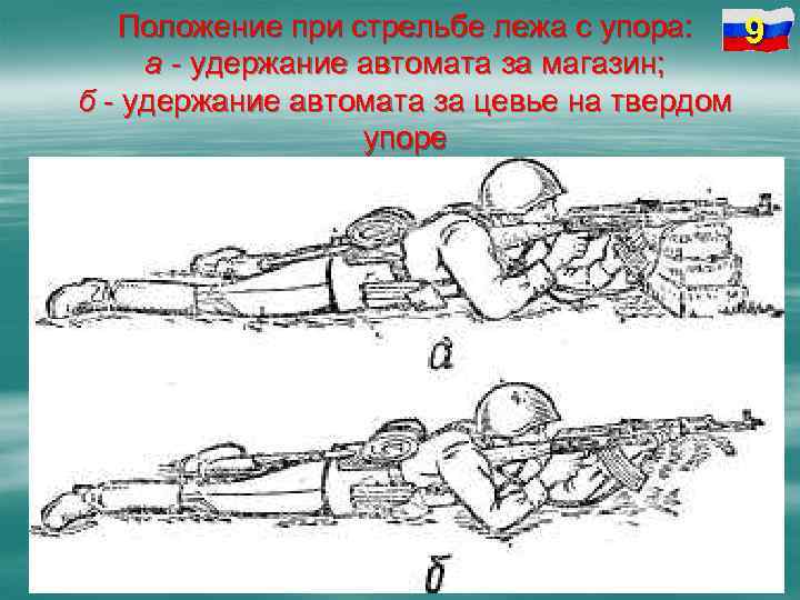 Положение при стрельбе лежа с упора: а - удержание автомата за магазин; б -