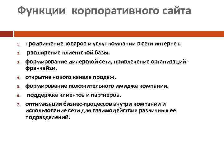 Функции корпоративного сайта 1. 2. 3. 4. 5. 6. 7. продвижение товаров и услуг