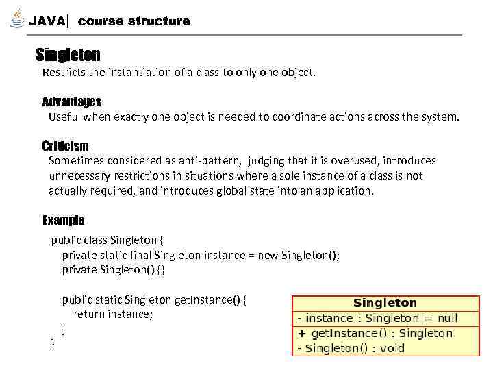 JAVA course structure Singleton Restricts the instantiation of a class to only one object.