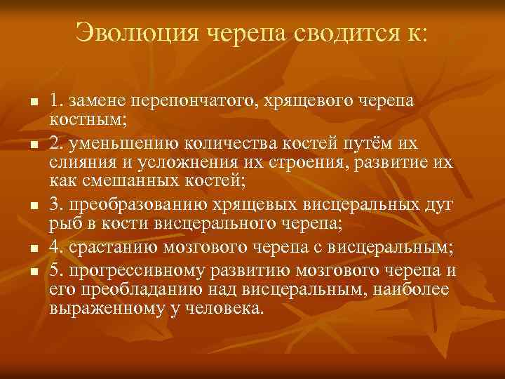 Эволюция черепа сводится к: n n n 1. замене перепончатого, хрящевого черепа костным; 2.