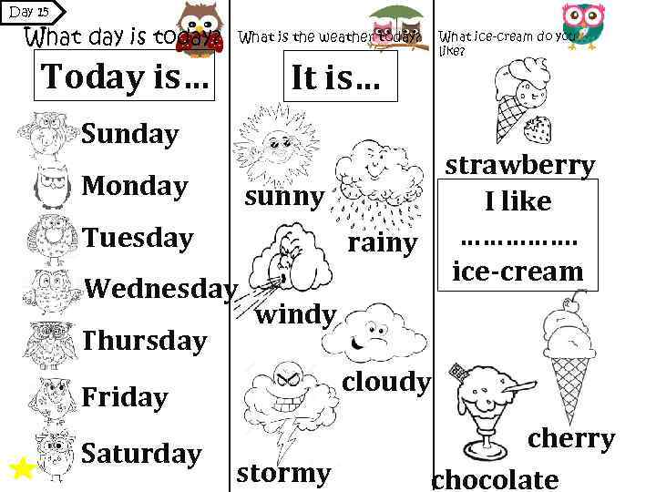 Day 15 What day is today? Today is… Sunday What is the weather today?