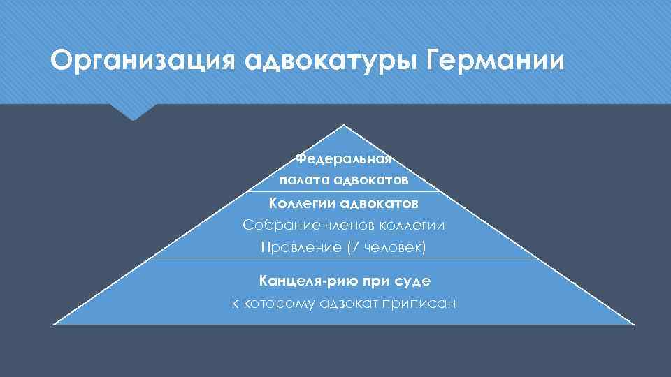 Организация адвокатуры Германии Федеральная палата адвокатов Коллегии адвокатов Собрание членов коллегии Правление (7 человек)