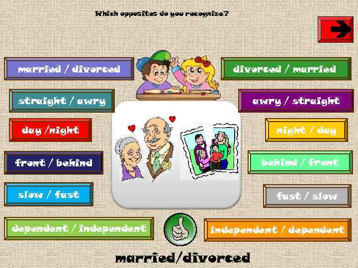 Which opposites do you recognize? è married / divorced / married straight / awry