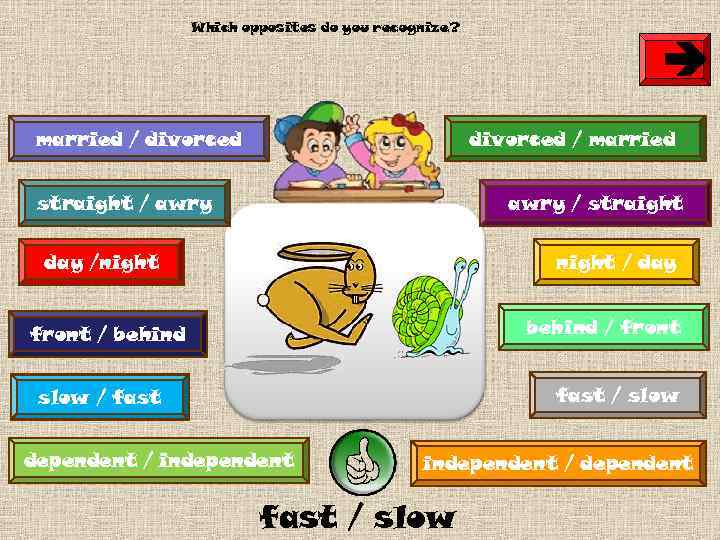 Which opposites do you recognize? è married / divorced / married straight / awry