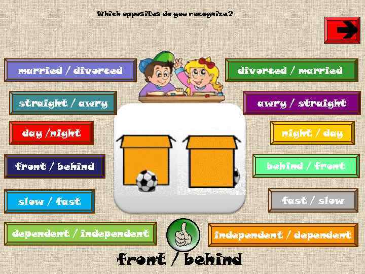 Which opposites do you recognize? è married / divorced / married straight / awry